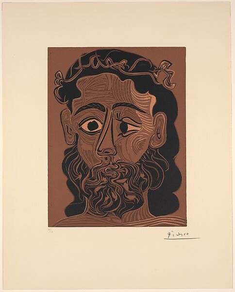 Bearded Man with a Crown of Leaves and Vines, Pablo Picasso (Spanish, Malaga 1881–1973 Mougins, France), Linoleum cut 