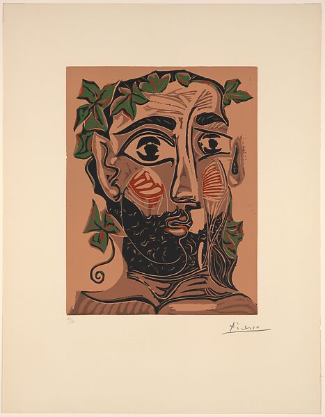 Bearded Man with a Crown of Vines, Pablo Picasso (Spanish, Malaga 1881–1973 Mougins, France), Linoleum cut 