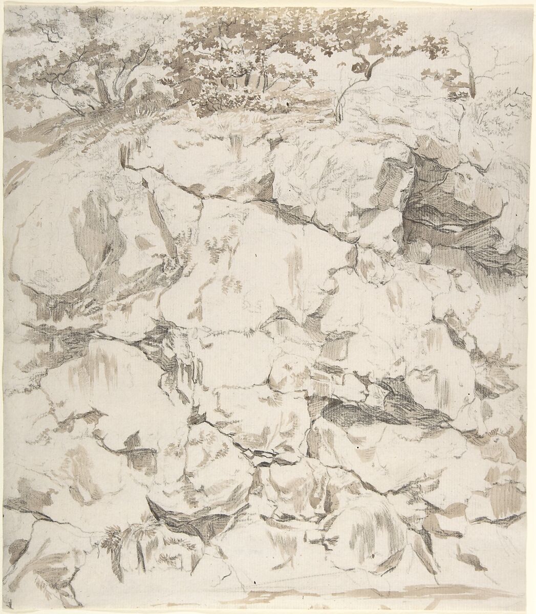 Rocky Cliff, Johann Christian Reinhart (German, Hof 1761–1847 Rome), Graphite and brown wash 