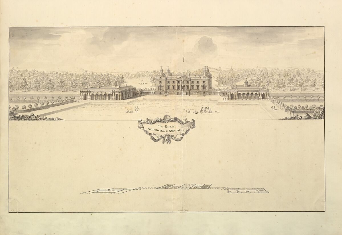 West Front of Houghton Hall in Norfolk, Perspective, Thomas Ripley (British, ca. 1683–1758), Pen and black ink, brush and gray wash 