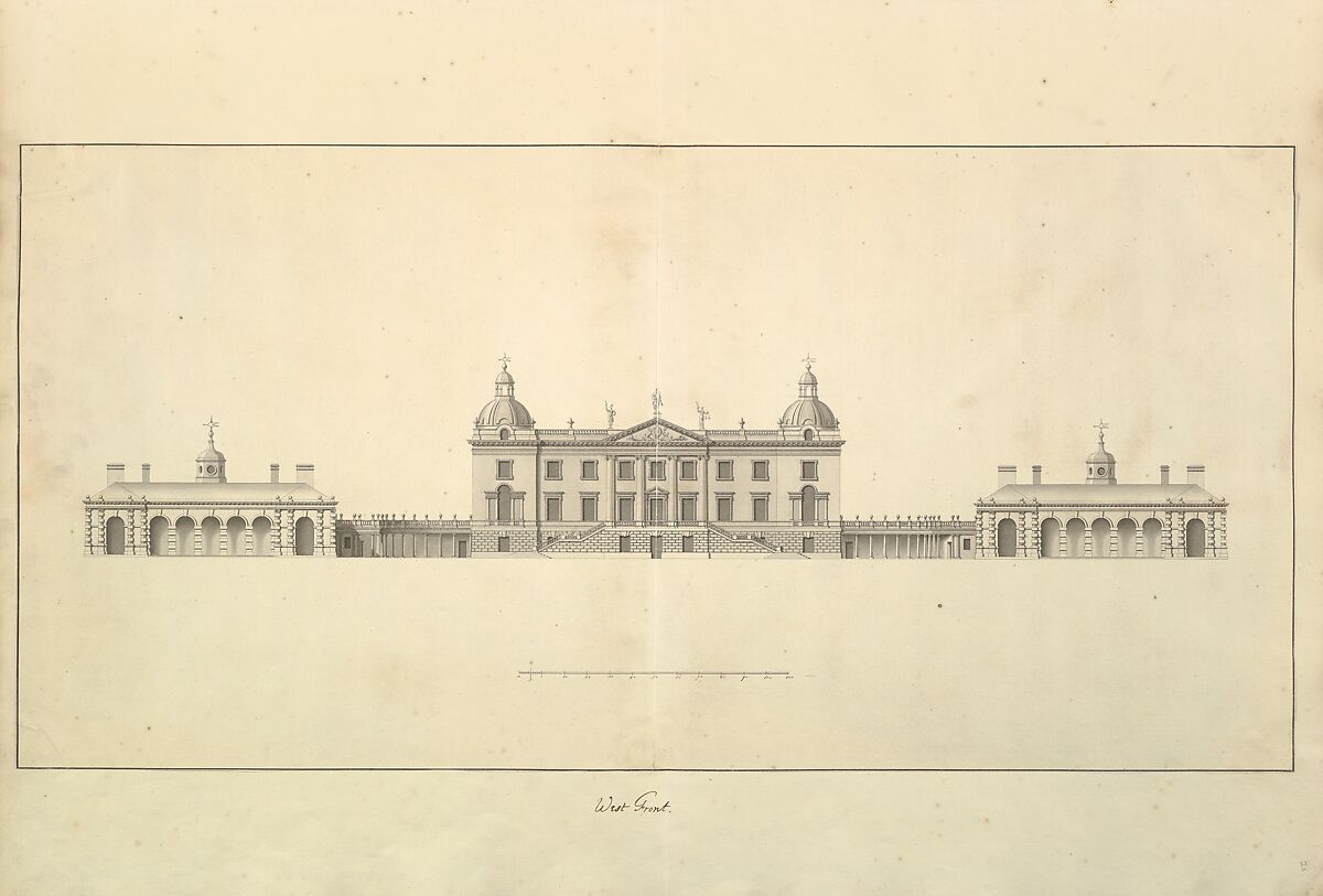The West Front of Houghton Hall, Norfolk, Elevation, Isaac Ware (British, before 1704–1766 Hampstead), Pen and black ink 