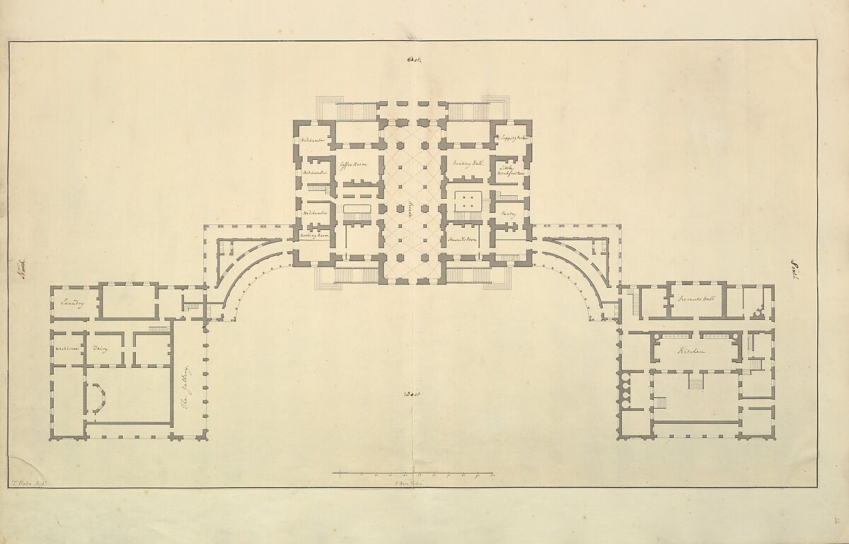 Houghton Hall, Norfolk, Ground Floor (Basement) Plan, Isaac Ware (British, before 1704–1766 Hampstead), Pen and black ink 