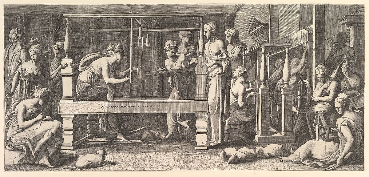 Women spinning, weaving and sewing, Master FG (Italian, active mid-16th century), Engraving 