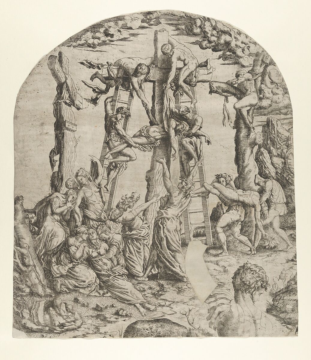 Descent from the Cross, Attributed to Master IQV (French, active 1540–50), Etching 