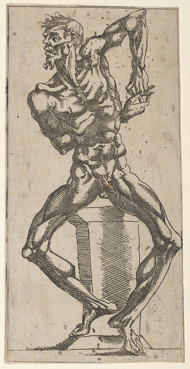 Naked Figure leaning on a Pedestal, Attributed to Juste de Juste (French (born Italy), Florence 1501–1559 Tours), Etching 