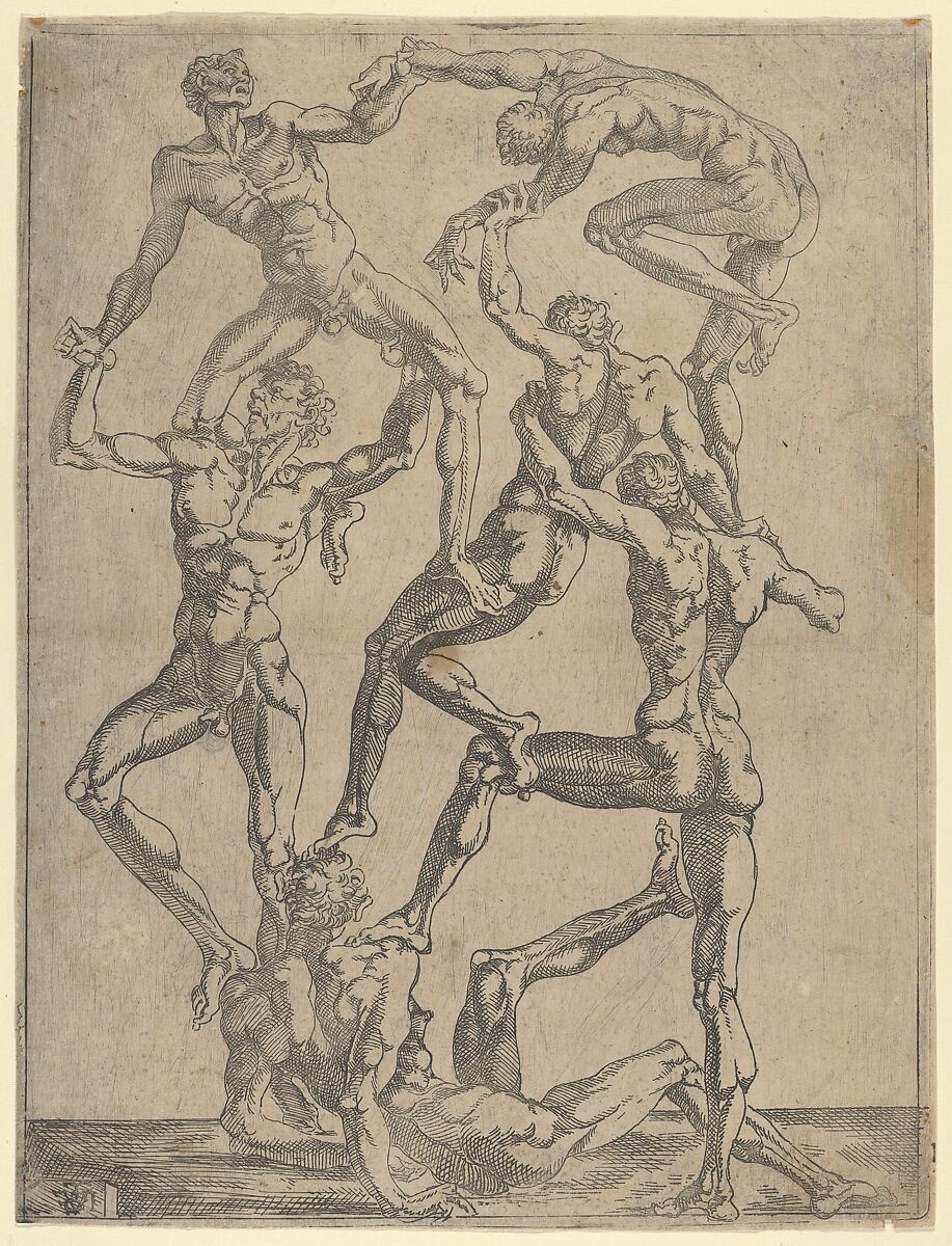Pyramid of six Men, Attributed to Juste de Juste (French (born Italy), Florence 1501–1559 Tours), Etching 