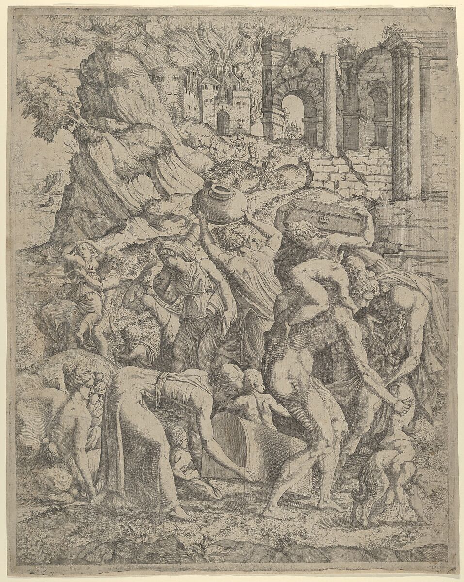 People Fleeing a Burning City, Anonymous, French, School of Fontainebleau, 16th century, Etching 