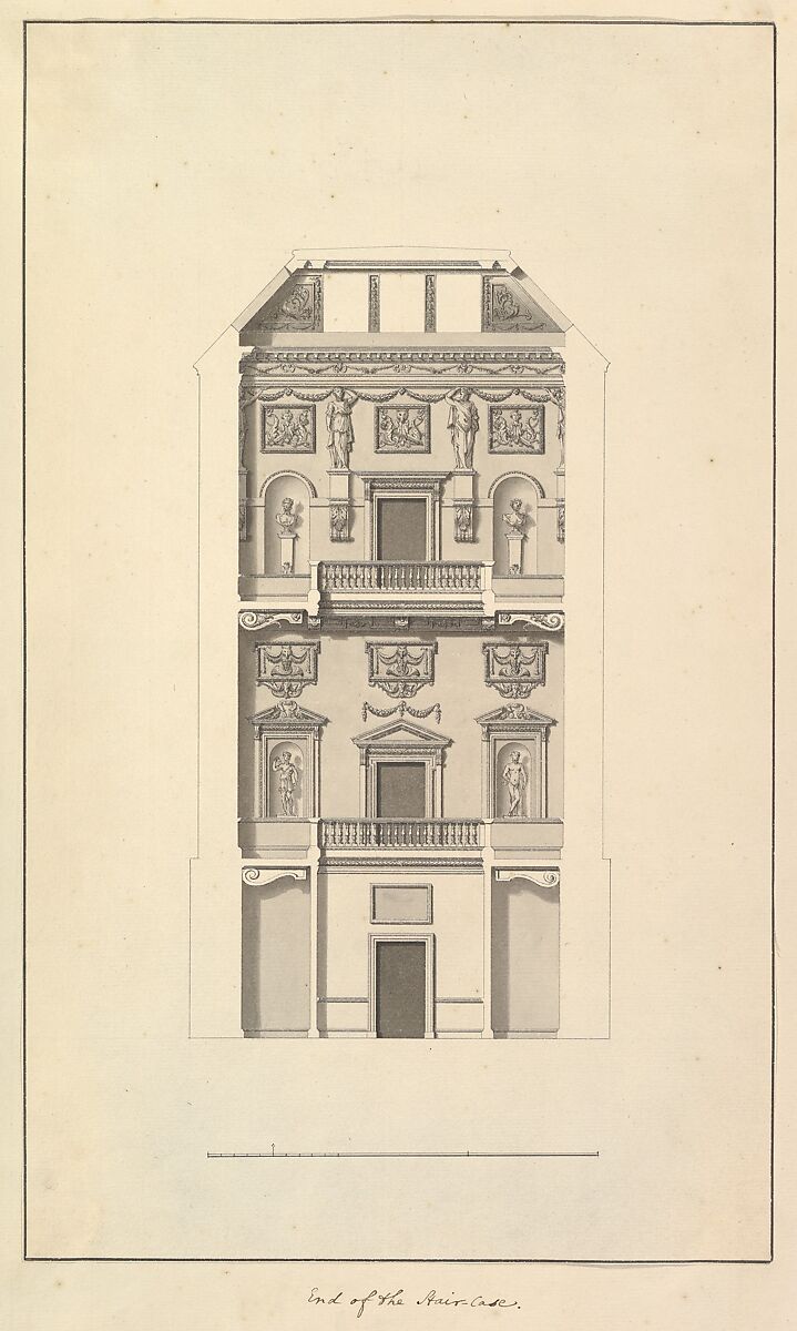 End of Staircase, Houghton Hall, Norfolk, Isaac Ware (British, before 1704–1766 Hampstead), Pen and black ink, brush and gray wash 