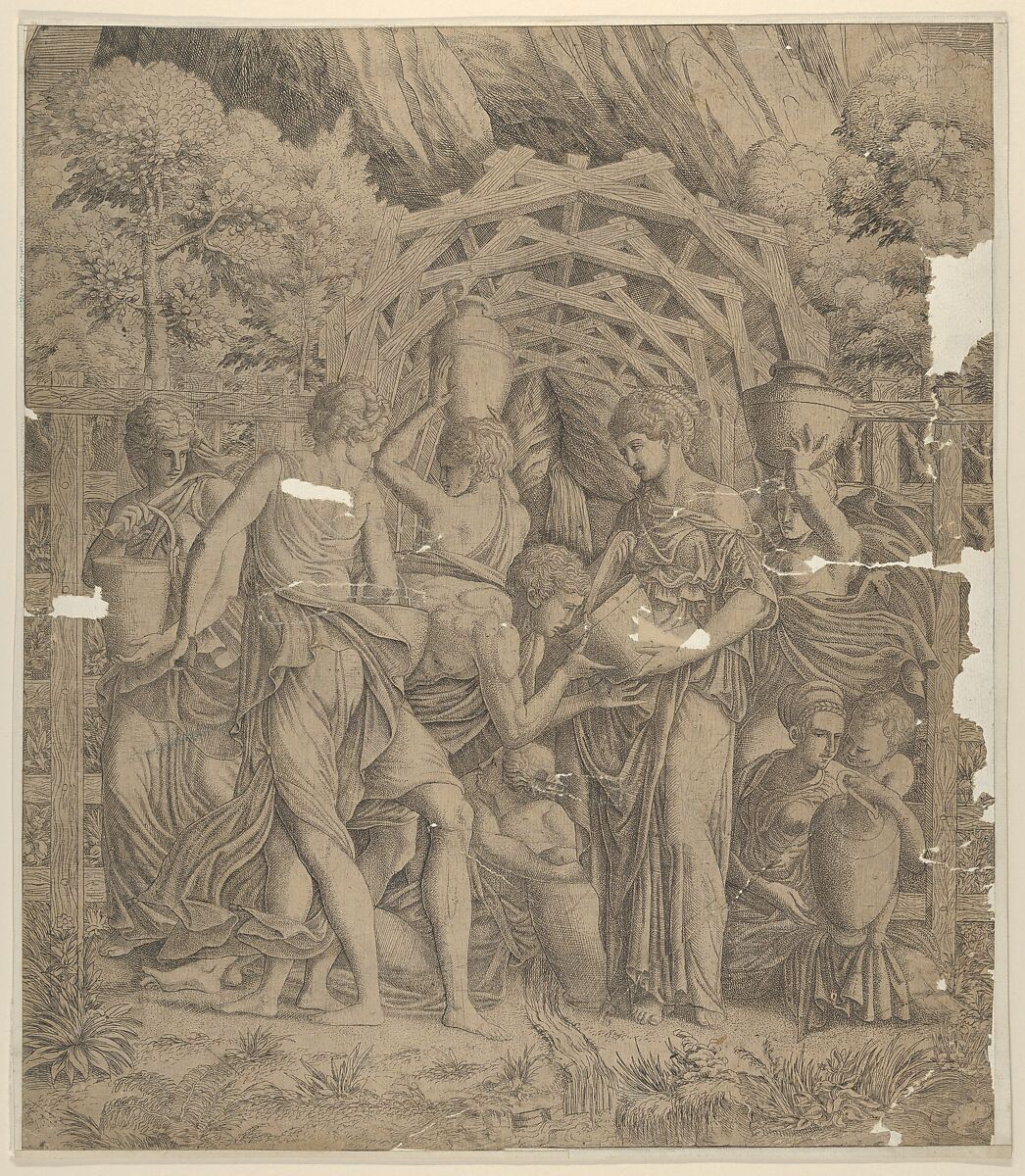 Rebecca and Eliezer at the Well, Master IQV (French, active 1540–50), Etching 