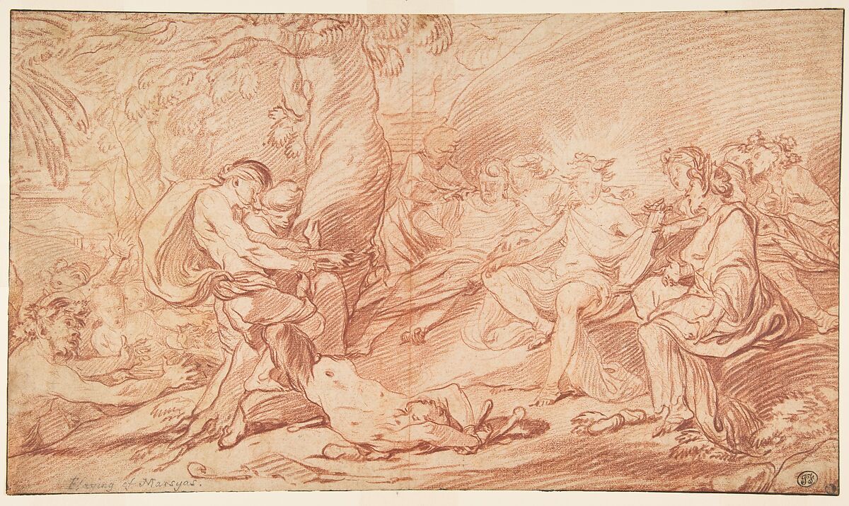 The Flaying of Marsyas, François van Loo (French, Aix 1708–1732 Turin), Red chalk; framing lines in pen and black ink 