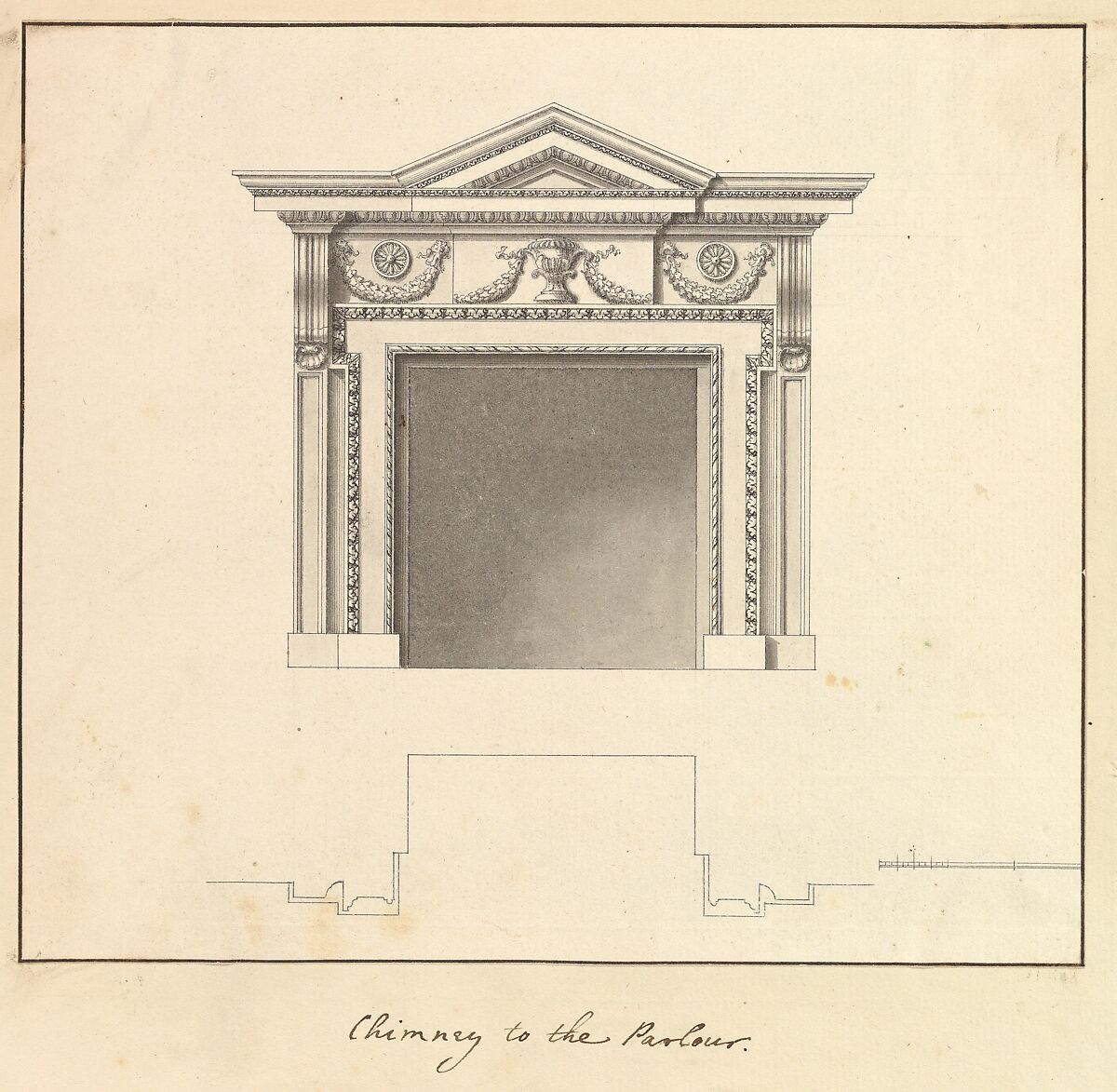 Chimney to the Parlour, Houghton Hall, Norfolk, Isaac Ware (British, before 1704–1766 Hampstead), Pen and black ink, brush and gray wash 