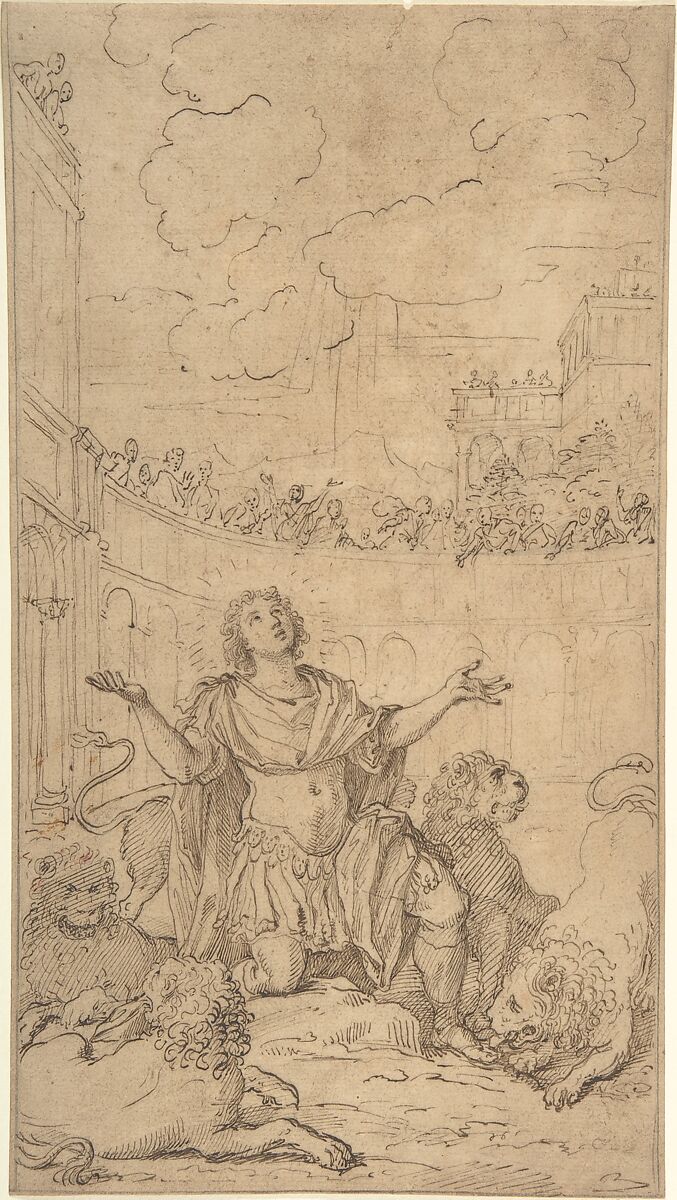 San Ponziano in an Amphitheatre Being Exposed to Lions, Christoph Unterberger (Austrian, Calvase 1732–1798 Rome), Pen and brown ink over black chalk 