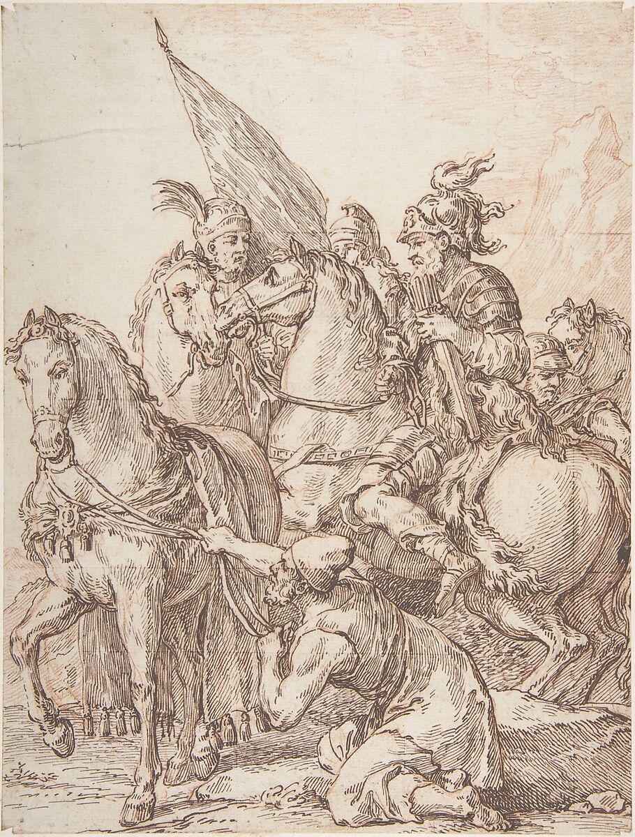 Equestrian Group, Michel François Dandré-Bardon (French, Aix-en-Provence 1700–1783 Paris), Pen and brown ink over red chalk underdrawing 