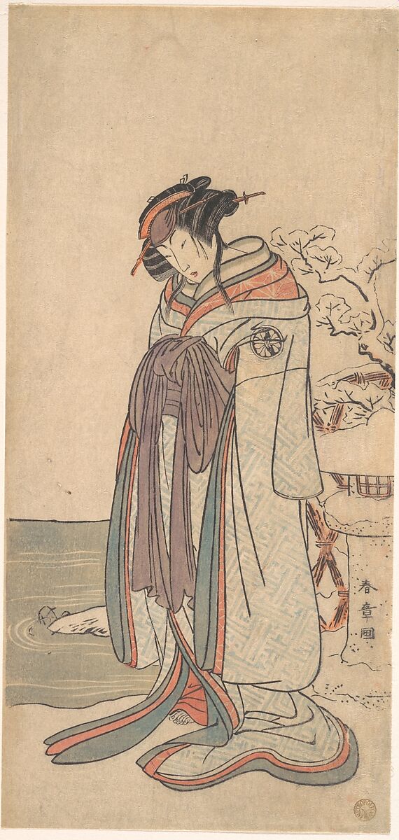 The Third Segawa Kikunojo as a Courtesan Standing in the Snow, Katsukawa Shunshō　勝川春章 (Japanese, 1726–1792), Woodblock print (nishiki-e); ink and color on paper, Japan 