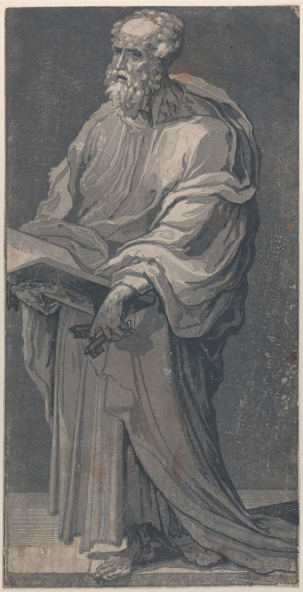 Saint Peter, Domenico Beccafumi (Italian, Cortine in Valdibiana Montaperti 1484–1551 Siena), Chiaroscuro woodcut from four blocks, printed in grays and black, on off-white paper 