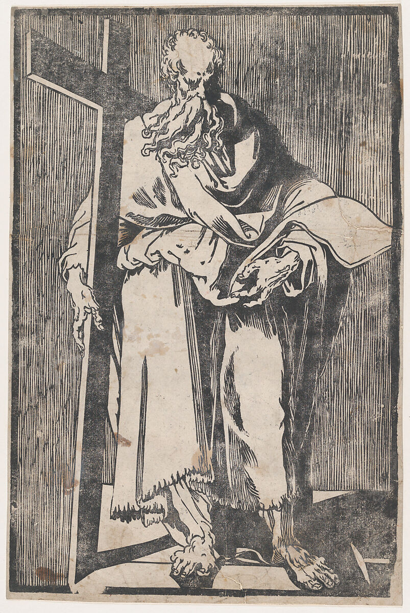 Saint Philip standing holding a book and a cross, Giuseppe Scolari (Italian, active Venice, 1562–1607), Woodcut 