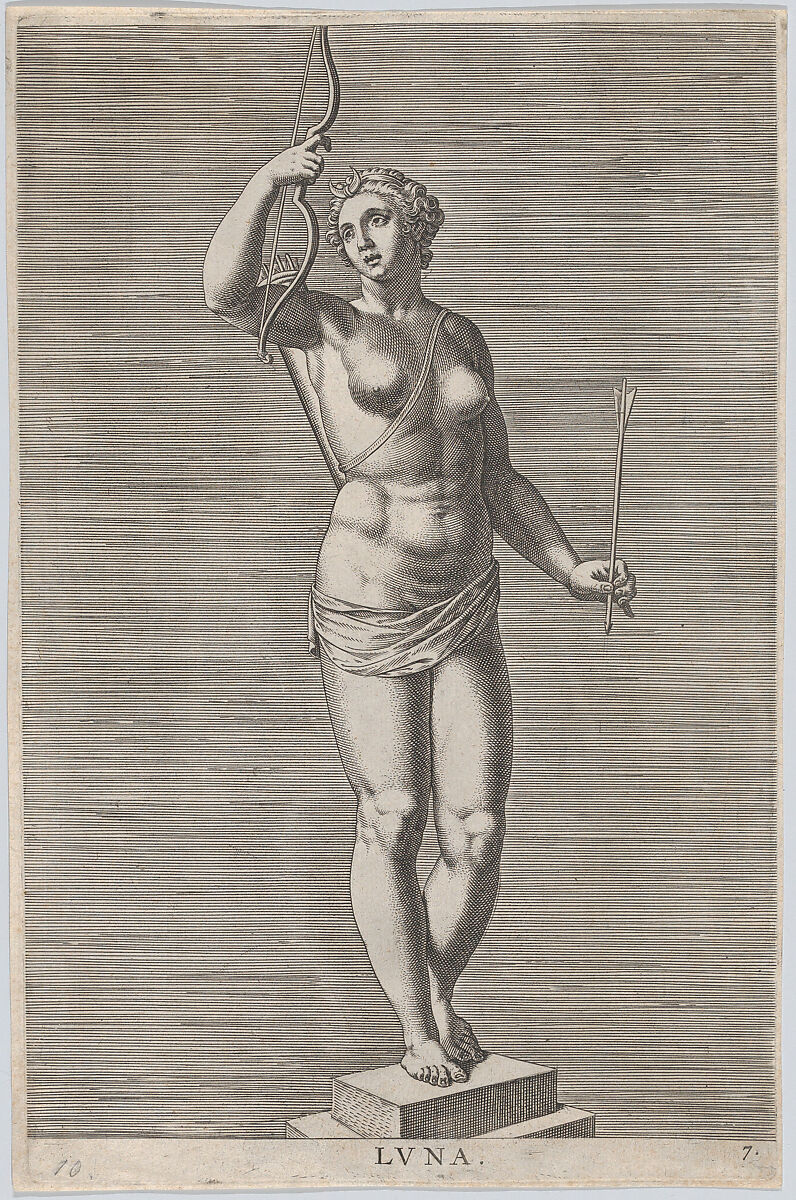Plate 7: Diana; statue of the nude goddess standing on a socle, wearing a crescent moon in her hair and holding a bow and arrow; from 'Statues of Roman Gods' after Jacques Jonghelinck, Philips Galle (Netherlandish, Haarlem 1537–1612 Antwerp), Engraving 