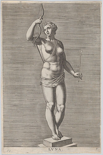 Plate 7: Diana; statue of the nude goddess standing on a socle, wearing a crescent moon in her hair and holding a bow and arrow; from 'Statues of Roman Gods' after Jacques Jonghelinck