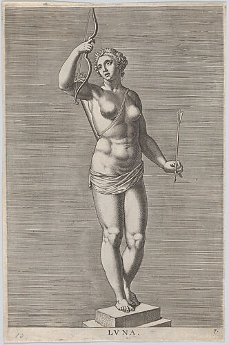 Plate 7: Diana; statue of the nude goddess standing on a socle, wearing a crescent moon in her hair and holding a bow and arrow; from 