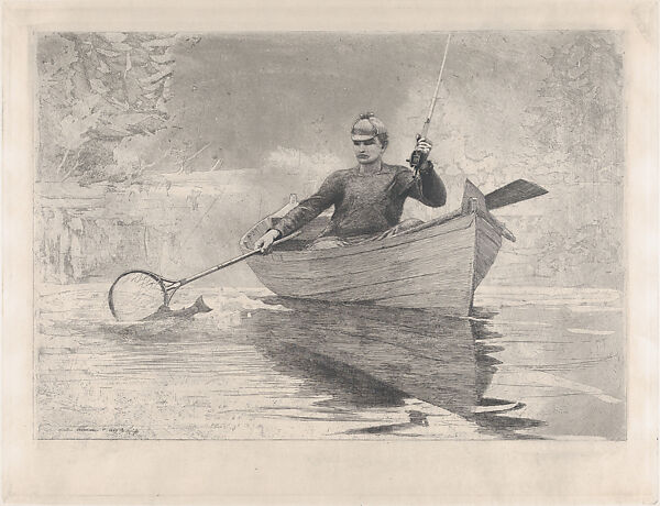 Fly Fishing, Saranac Lake, Winslow Homer (American, Boston, Massachusetts 1836–1910 Prouts Neck, Maine), Etching (posthumous impression) 