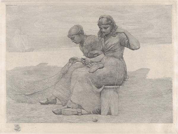 Mending the Tears, Winslow Homer (American, Boston, Massachusetts 1836–1910 Prouts Neck, Maine), Etching (posthumous impression) 