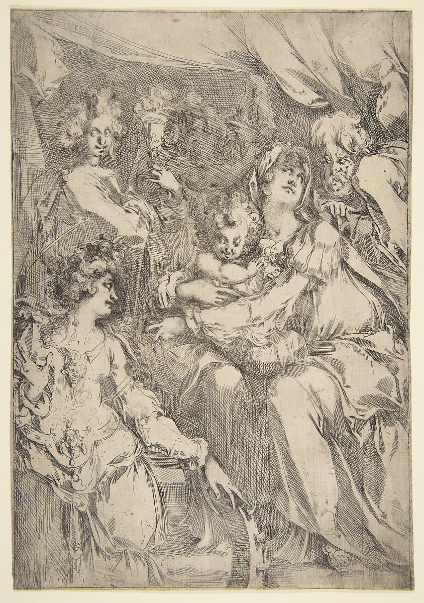 The Holy Family with Saint Catherine, Saint John the Evangelist and an Angel, Jacques Bellange (French, Bassigny (?) ca. 1575–1616 Nancy), Etching 