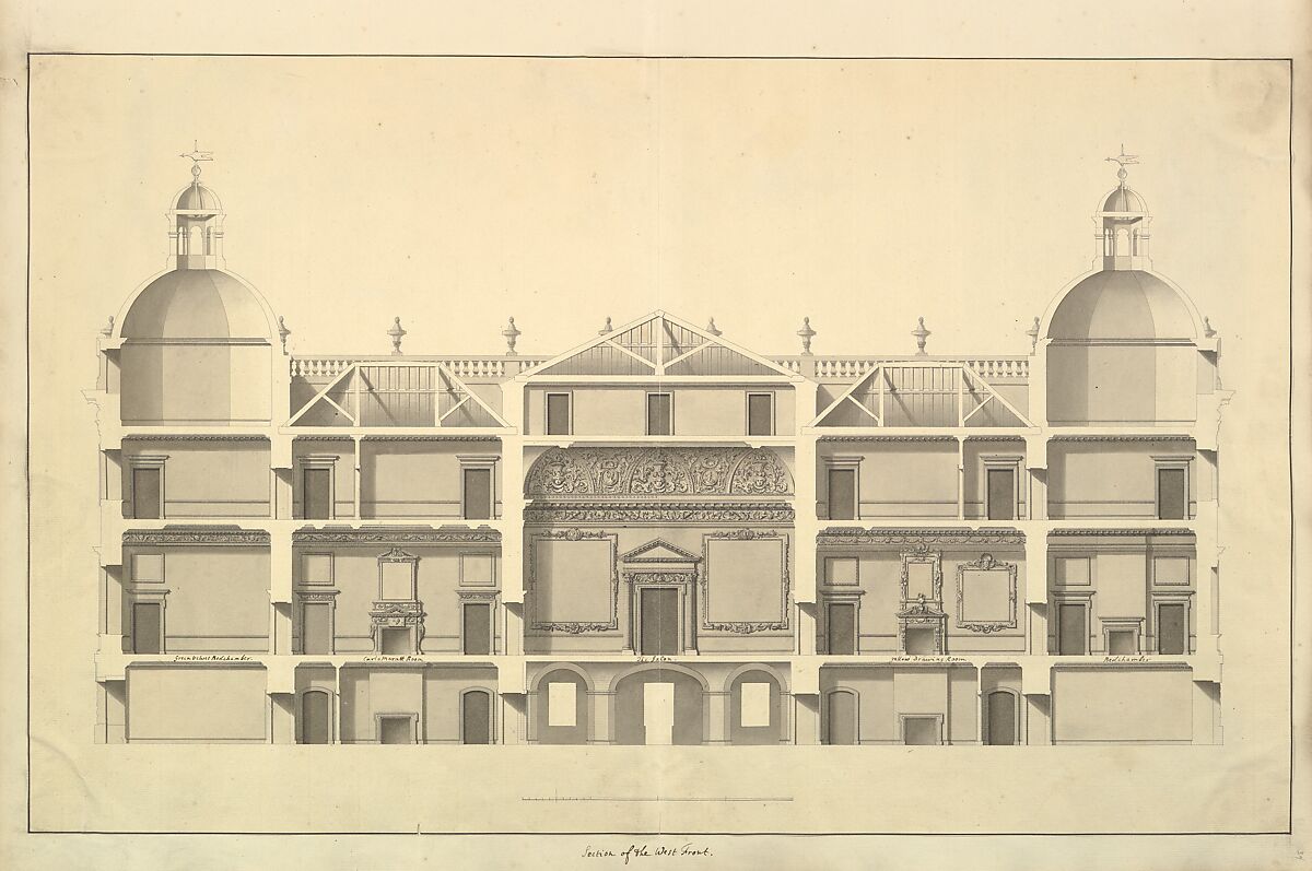Section of the West Front, Houghton Hall, Norfolk, Isaac Ware (British, before 1704–1766 Hampstead), Pen and black ink, brush and gray wash 
