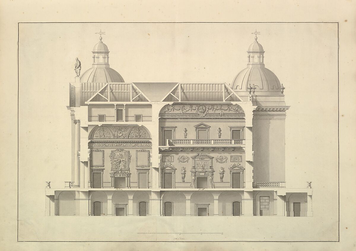 Transverse Section, Houghton Hall, Norfolk, Isaac Ware (British, before 1704–1766 Hampstead), Pen and black ink, brush and gray wash 