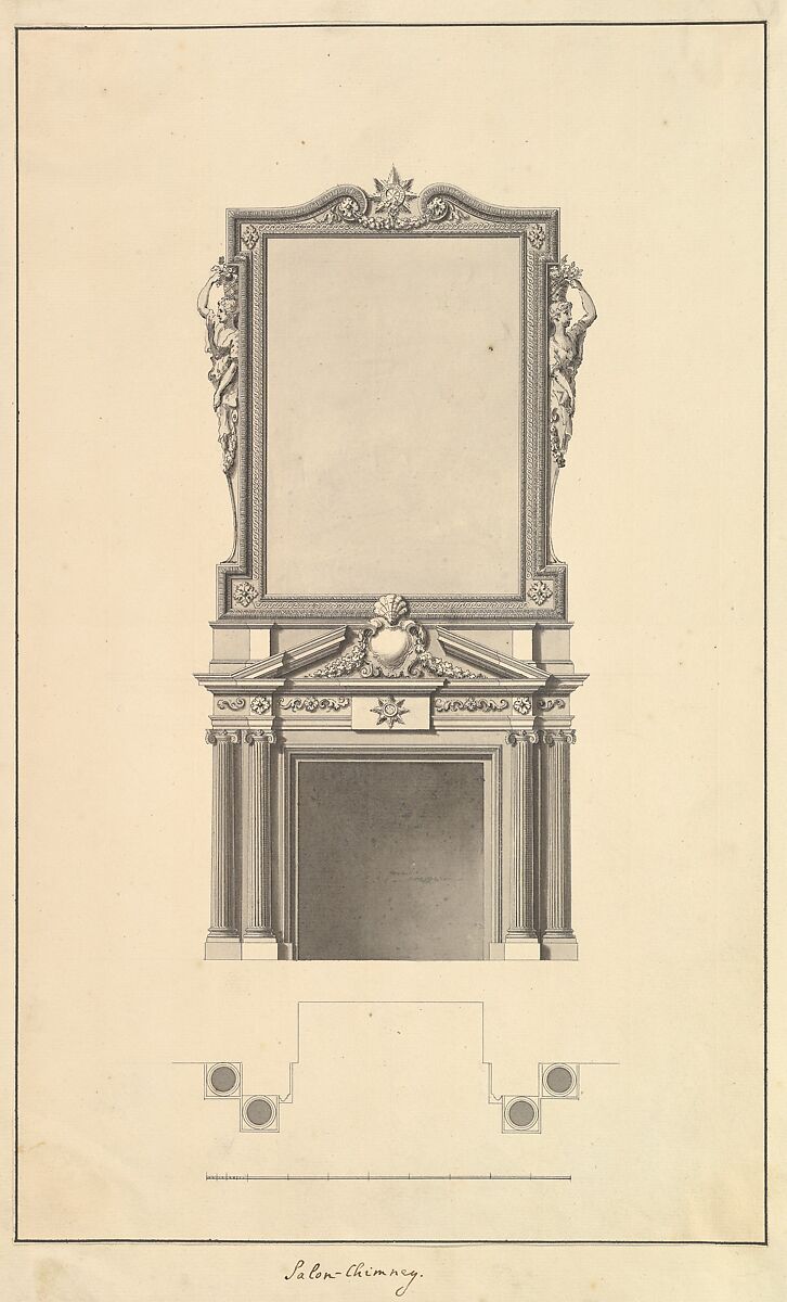 Salon Chimney, Houghton Hall, Norfolk, Elevation, Isaac Ware (British, before 1704–1766 Hampstead), Pen and black ink, brush and gray wash 