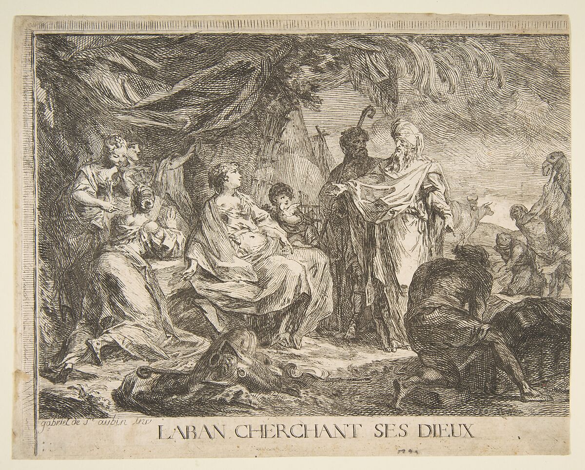 Laban cherchent ses dieux, Gabriel de Saint-Aubin (French, Paris 1724–1780 Paris), Etching, between second and third states 