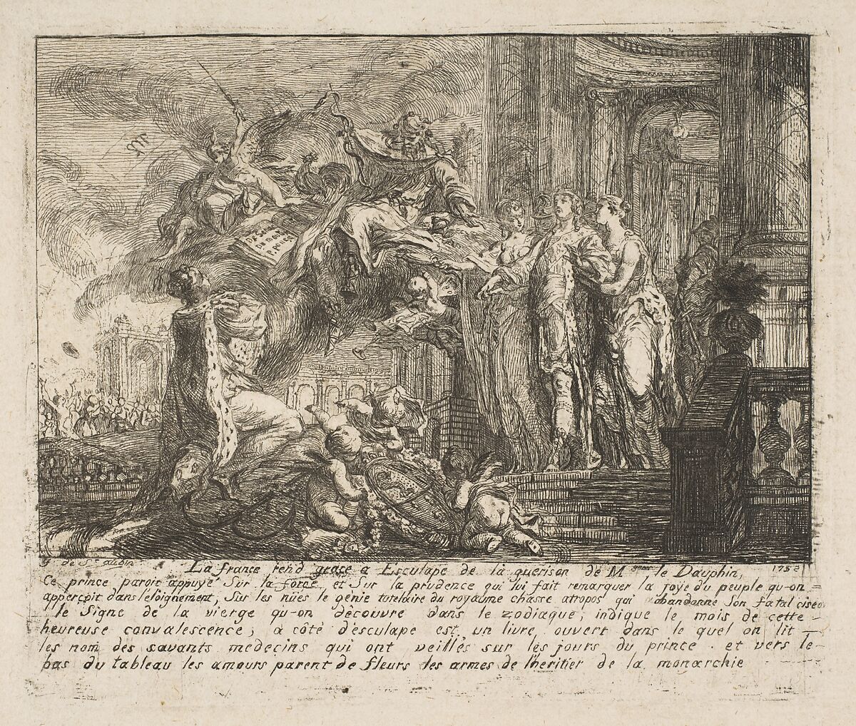 Allegorie sur la Convalescence du Dauphin, Gabriel de Saint-Aubin (French, Paris 1724–1780 Paris), Etching, first state 