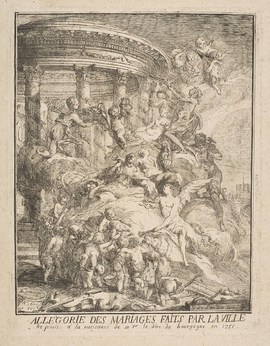 Allegorie des mariages faits par la Ville de Paris a la naissance du Duc de Bourgogne, Gabriel de Saint-Aubin (French, Paris 1724–1780 Paris), Etching, between second and third states 