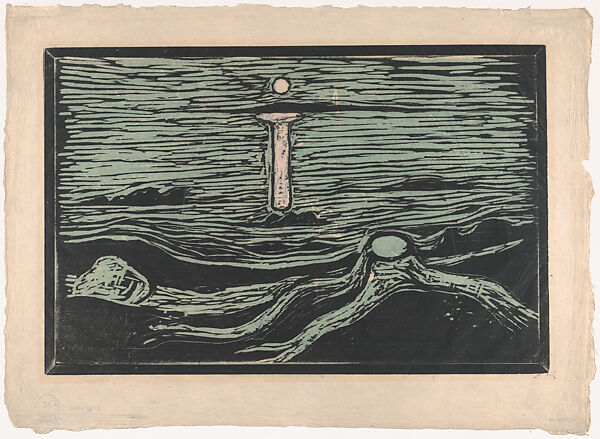 Mystical Shore, Edvard Munch (Norwegian, Løten 1863–1944 Ekely), Woodcut printed in green; third state of five (Woll)