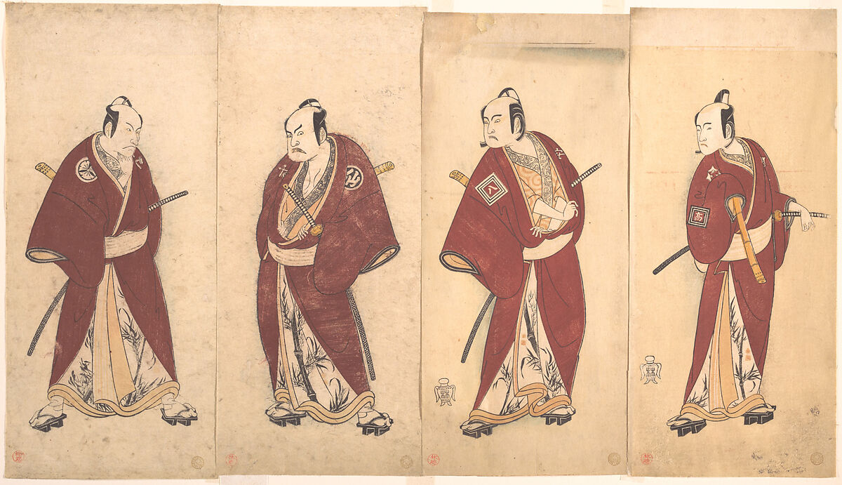 Four of the Five Actors Who Performed the Shosa "Gonen Otoko", Designed by Katsukawa Shunshō　勝川春章 (Japanese, 1726–1792), Woodblock prints (nishiki-e); ink and color on paper, Japan 