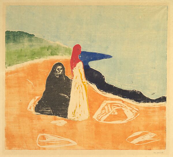Two Women on the Shore, Edvard Munch (Norwegian, Løten 1863–1944 Ekely), Woodcut printed in blue, orange, green, red, and black 