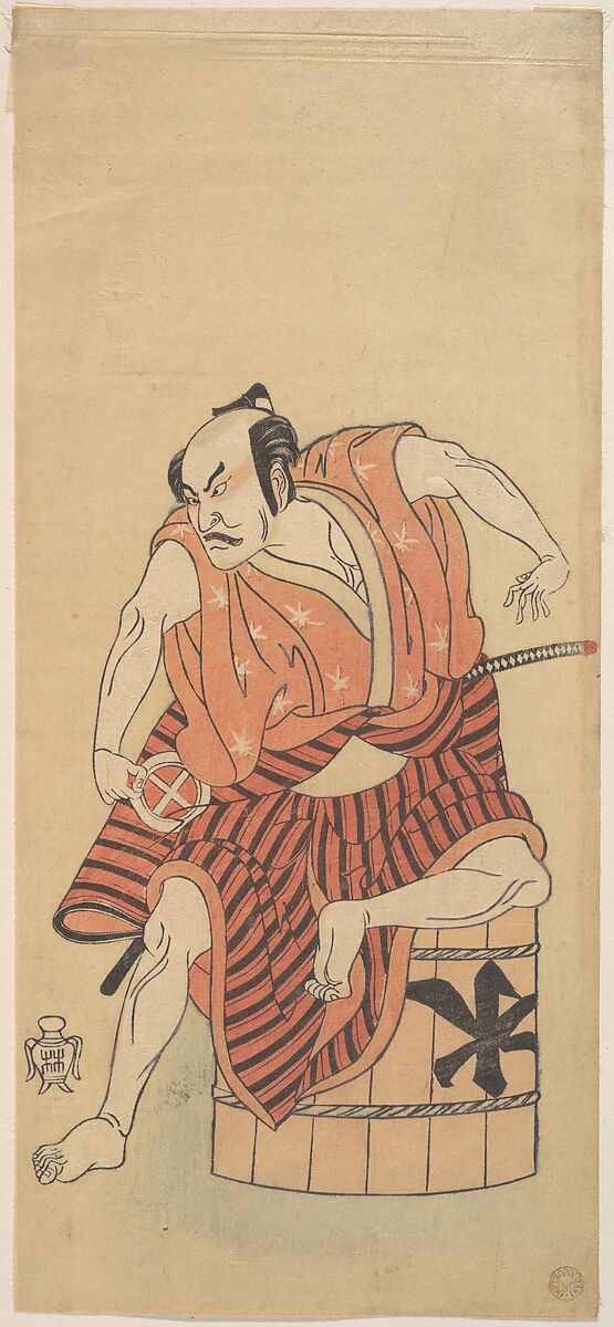The Third Otani Hiroemon as an Otokodate Seated Upon an Inverted Tub, Katsukawa Shunshō　勝川春章 (Japanese, 1726–1792), Woodblock print (nishiki-e); ink and color on paper, Japan 