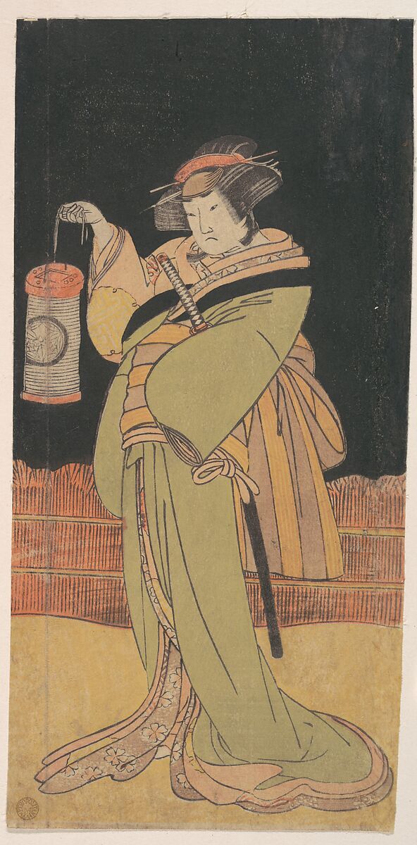 The Second Yamashita Kinsaku as a Woman Standing at Night, Katsukawa Shunshō　勝川春章 (Japanese, 1726–1792), Woodblock print (nishiki-e); ink and color on paper, Japan 