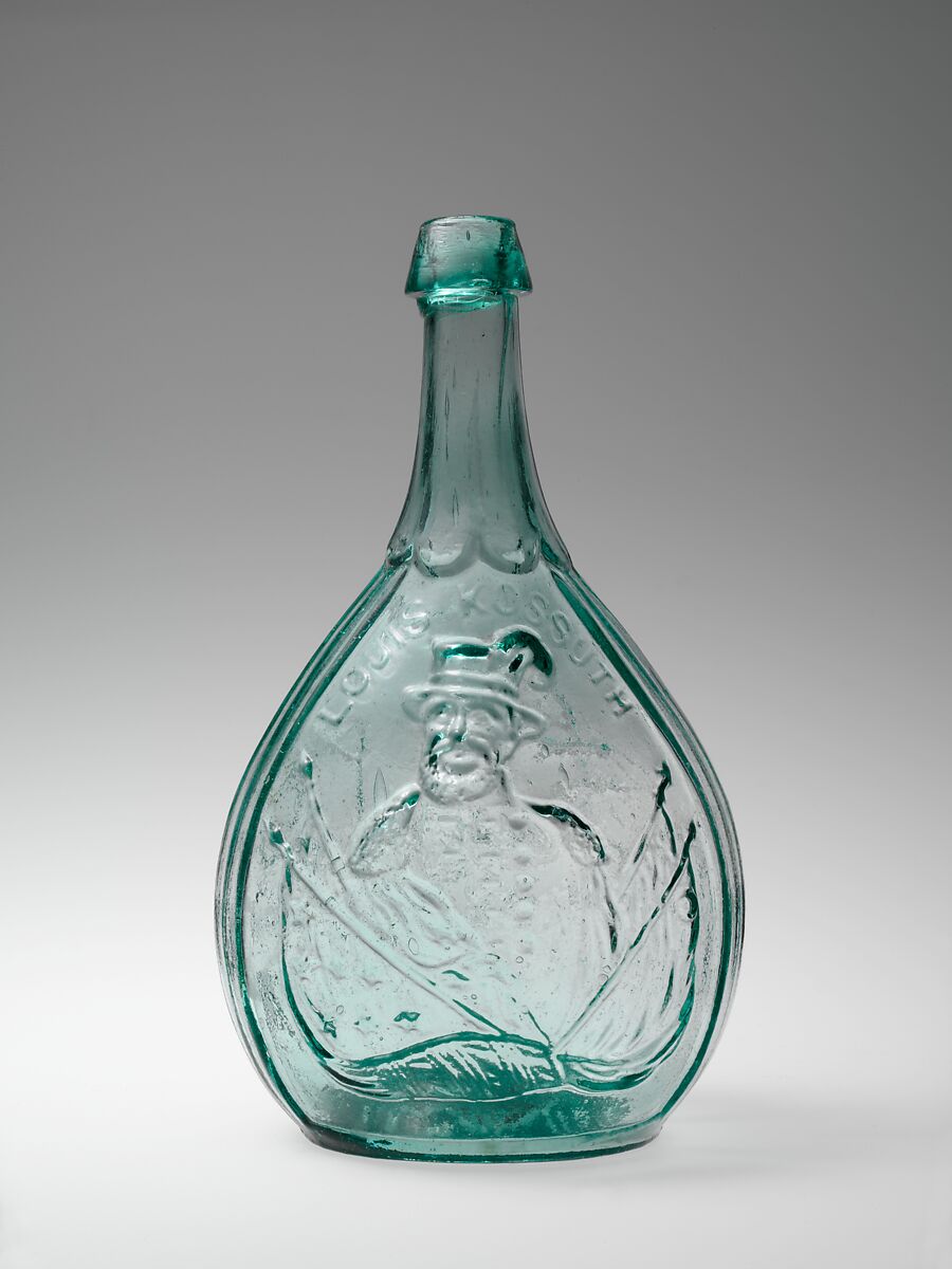 Figured bottle, Probably Kensington Vial and Bottle Works of Sheets and Duffy, Free-blown molded glass, American 