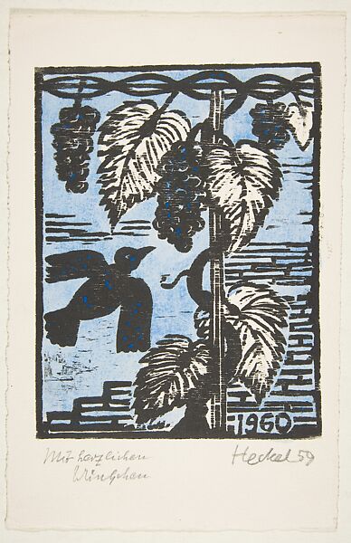 29. Jahresblatt: Vogel und Trauben, Erich Heckel (German, Döbeln 1883–1970 Radolfzell), Woodcut in two blue inks and black ink 