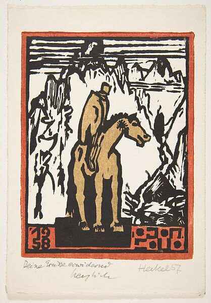 27. Jahresblatt: Reiter in Gebirge, Erich Heckel (German, Döbeln 1883–1970 Radolfzell), Woodcut in gray, ochre and red ink 