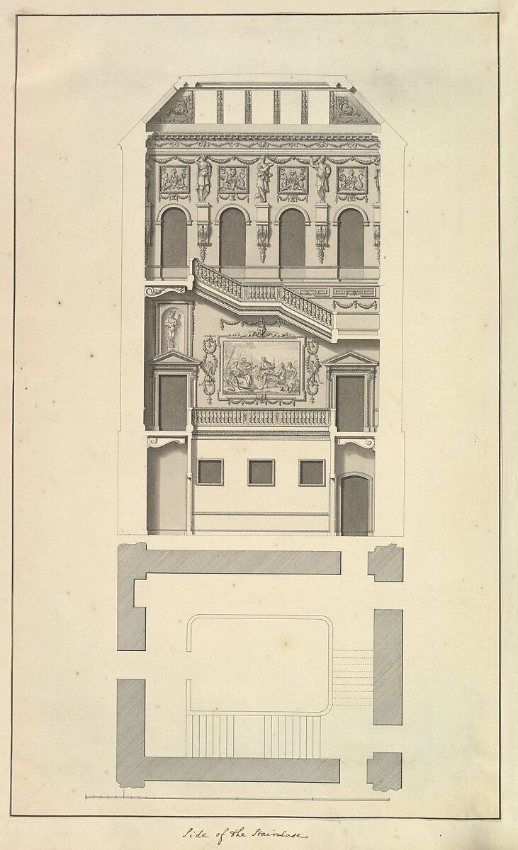 Side of the Staircase, Houghton Hall, Norfolk, Elevation, Isaac Ware (British, before 1704–1766 Hampstead), Pen and black ink, brush and gray wash 