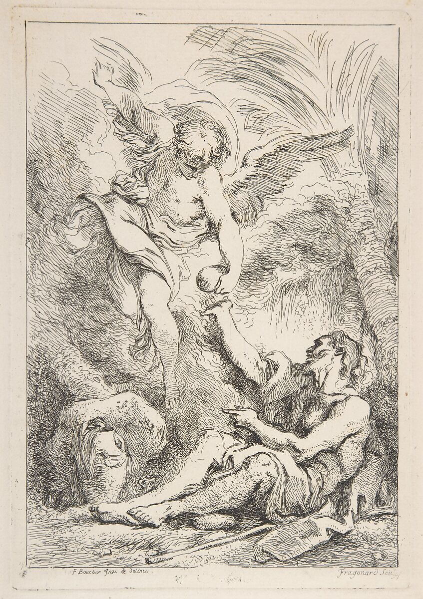 An Angel Bringing Food to a Hermit, Jean Honoré Fragonard  French, Etching