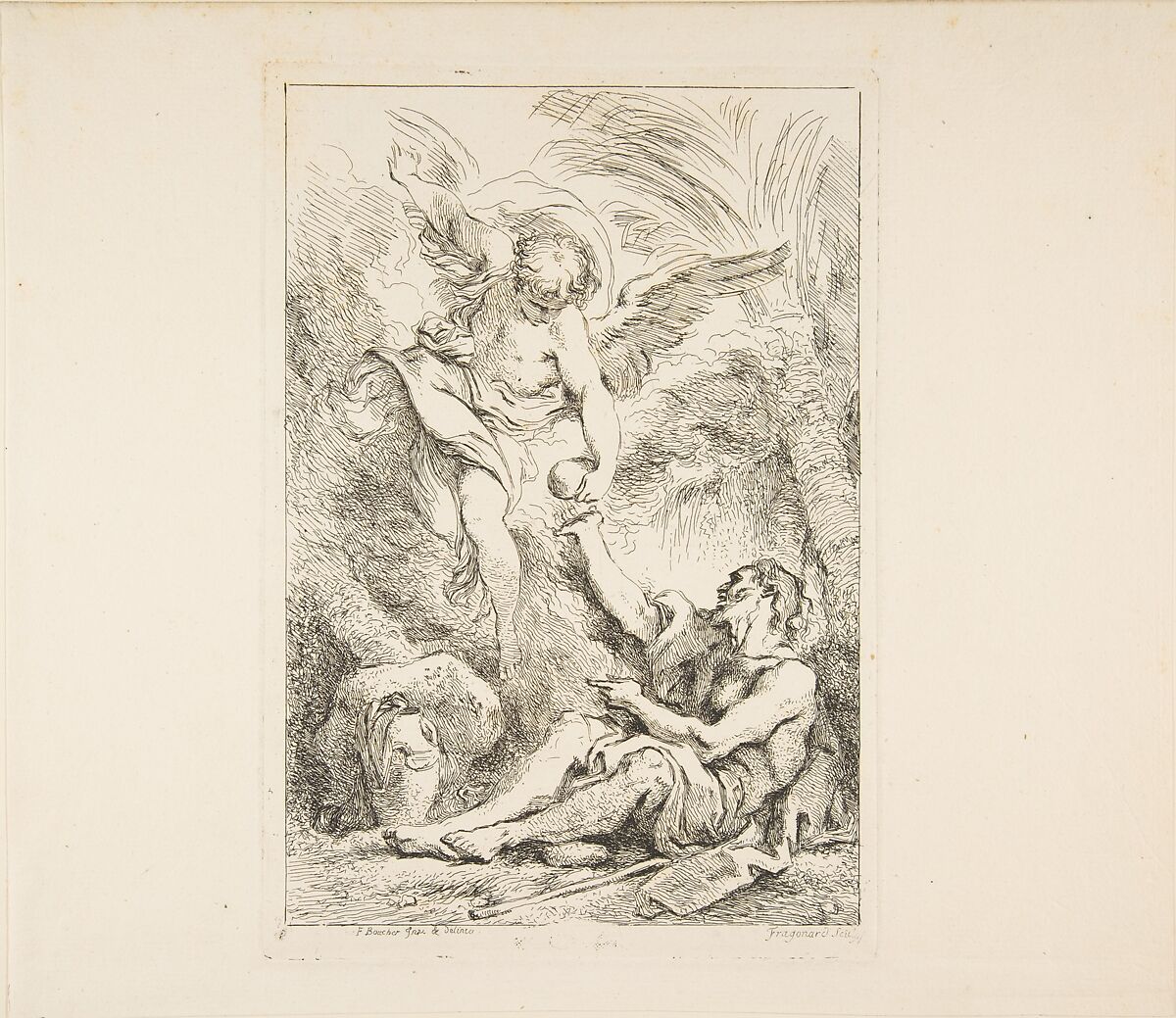 An Angel Bringing Food to a Hermit, Jean Honoré Fragonard (French, Grasse 1732–1806 Paris), Etching