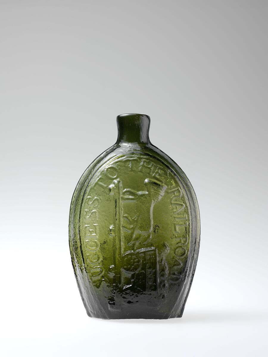 Figured flask, Keene Glass Works (1815–41), Blown-molded glass, American