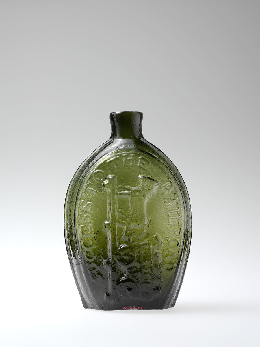 Figured flask, Keene Glass Works (1815–41), Blown-molded glass, American 