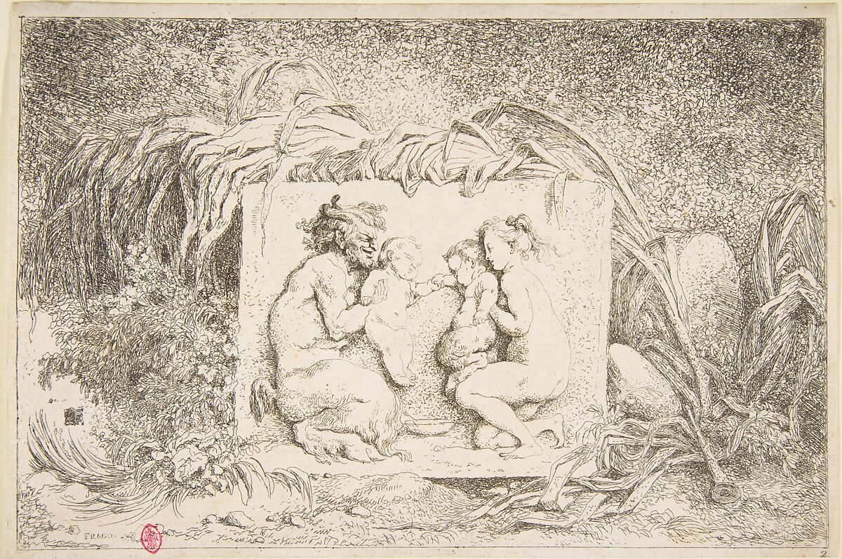 Bacchanale - Satyr and Nymph with Infant and Infant Satyr, Jean Honoré Fragonard (French, Grasse 1732–1806 Paris), Etching, second state 