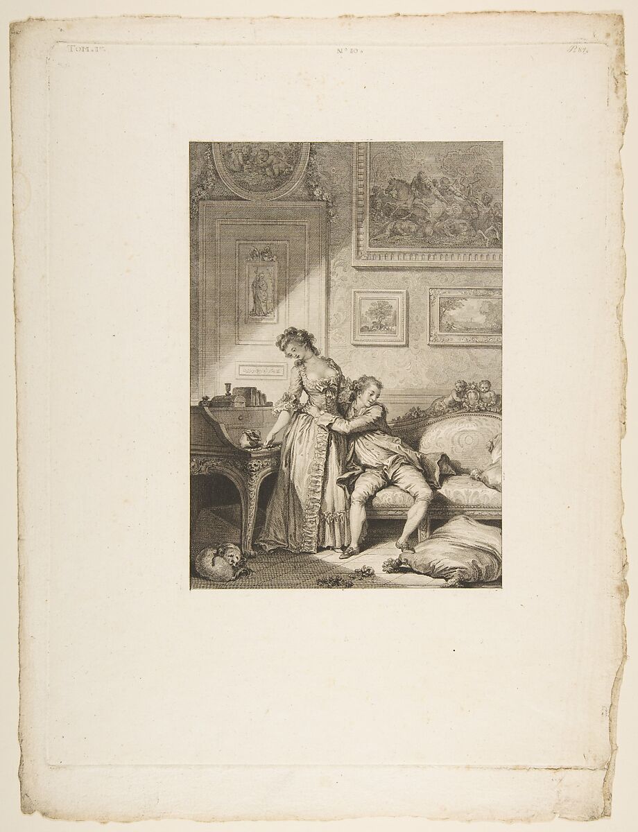 A Femme avare galant Escroc, from "Contes et nouvelles en vers par Jean de La Fontaine.  A Paris, de l'imprimerie de  P. Didot, l'an III de la République, 1795", Jacques Aliamet (French, Abbeville 1726–1788 Paris), Etching and engraving; second state of three (Cohen) 