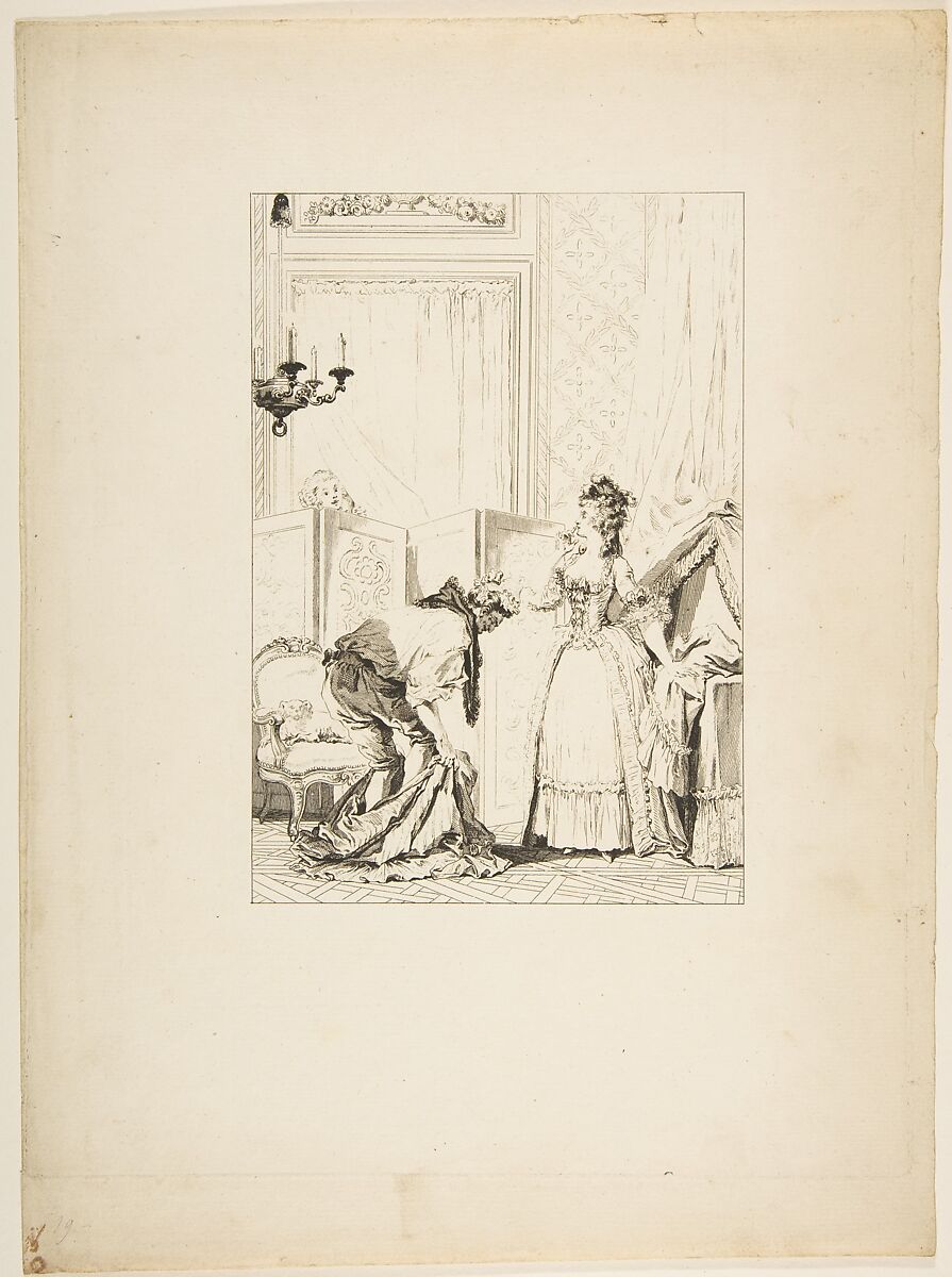 Le Cocu battu et content, from "Contes et nouvelles en vers par Jean de La Fontaine.  A Paris, de l'imprimerie de  P. Didot, l'an III de la République, 1795", Jean-Louis Delignon (French, Paris 1755–ca. 1804), Etching and engraving; first state of three (Cohen) 