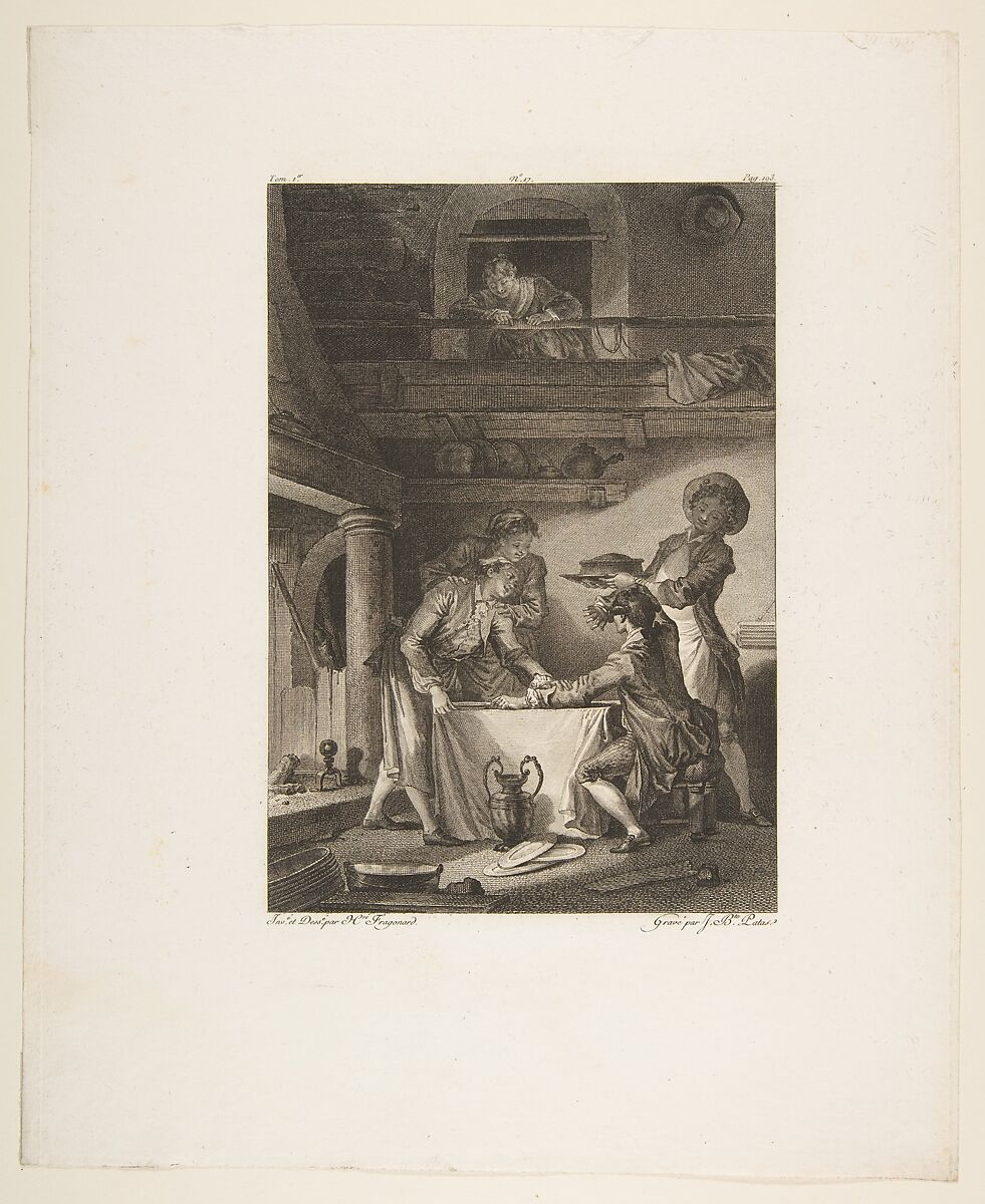 Le Pate d'Anguilles, from Contes et nouvelles en vers par Jean de La Fontaine.  A Paris, de l'imprimerie de  P. Didot, l'an III de la République, 1795, Jean-Baptiste Tilliard (French, 1740?–1813), Etching and engraving; third state of three (Cohen) 