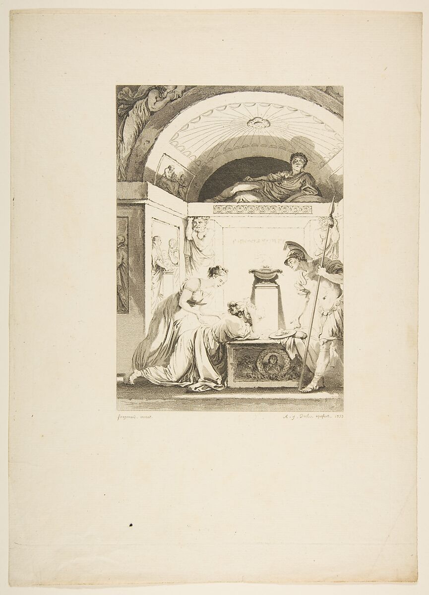 La Matrone d'Ephese, from "Contes et nouvelles en vers par Jean de La Fontaine.  A Paris, de l'imprimerie de  P. Didot, l'an III de la République, 1795", Jean-Louis Delignon (French, Paris 1755–ca. 1804), Etching; first state of three (Cohen) 